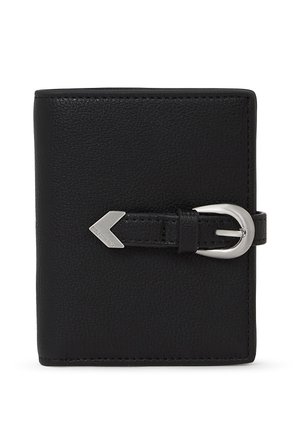 Black leather wallet with a smooth texture, featuring a silver arrow-shaped buckle and strap closure. Compact, rectangular design.