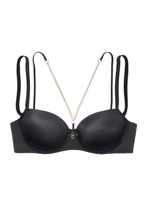 Soutien-gorge noir avec des bonnets rembourrés, bretelles noires réglables et un accent décoratif en chaîne dorée au centre. Texture lisse et design sans couture.
