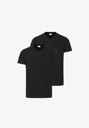 To sorte T-shirts med V-hals lavet af blød bomuld, der har korte ærmer og en glat tekstur. Enkel design uden mønstre eller detaljer.