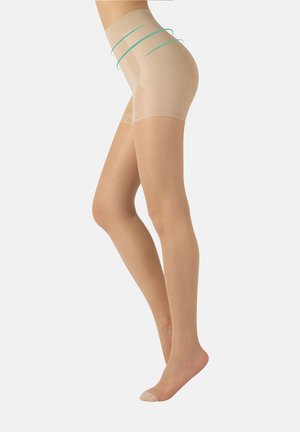 Collant beige trasparente con vita alta e leggera compressione. Presenta una texture liscia e tre linee di accentuazione turchesi intorno alla vita.