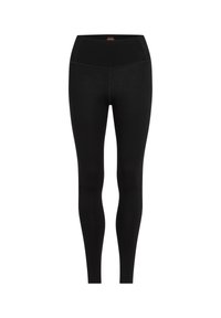 Svarta leggings med hög midja, tillverkade av ett elastiskt material. Har en slät yta och en figurnära design utan mönster eller detaljer.