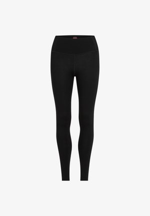 Black leggings with a high waistband, made from a stretchy material. Features a smooth texture and fitted design without patterns or accents.