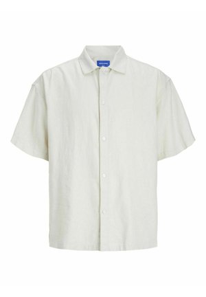 Koszula z krótkim rękawem, w jasnym zielonym kolorze, zapinana na guziki, wykonana z fakturowanej tkaniny, z klasycznym kołnierzykiem i sześcioma białymi guzikami z przodu.