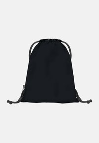 Borsa a cordino nera realizzata in tessuto leggero. Presenta una parte superiore arricciata con due cordini regolabili e un piccolo etichetta del marchio. Texture liscia.