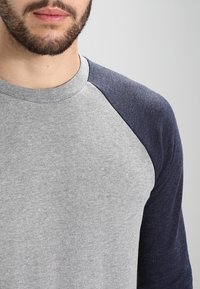 Camiseta gris con mangas raglán de color azul marino, cuello redondo y textura suave de algodón; diseño minimalista con colores contrastantes.