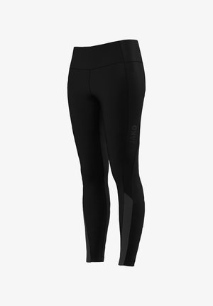 Black athletic leggings with a high waistband, featuring textured side panels and a subtle logo. Made from stretchy, breathable material.