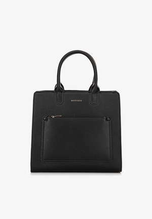 Sac cabas en cuir noir avec surface texturée, anses courtes et poche zippée à l'avant. Présence d'une marquage doré en haut.