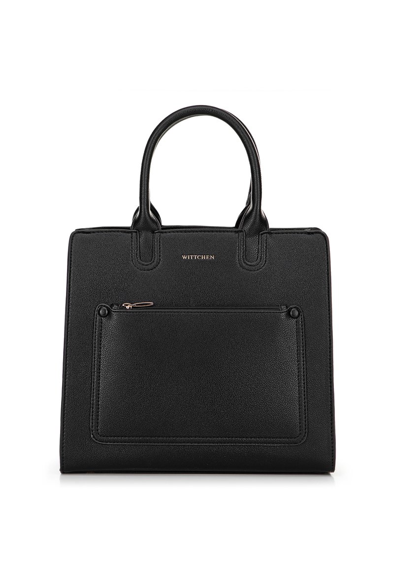 Schwarze Leder-Tote-Bag mit strukturiertem Oberflächen, kurzen Griffen und einer vorderen Reißverschlusstasche. Mit goldener Markenkennzeichnung oben.