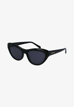 Zwarte cat-eye zonnebril met donkere glazen, een glanzende afwerking en een opvallende hoekige vorm; beschikt over een gouden logo-detail op de arm.