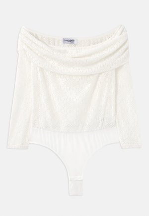 White lace bodysuit with an off-shoulder neckline, three-quarter sleeves, and a smooth bottom panel. Features intricate floral patterns.