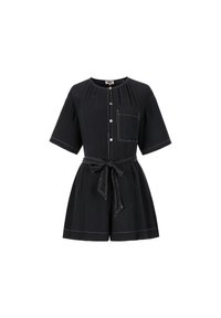 Schwarzer Kurzarm-Overall mit Knopfleiste, aufgesetzter Tasche und Bindegürtel. Verfügt über ein strukturiertes Gewebe und kontrastierende helle Nahtdetails.