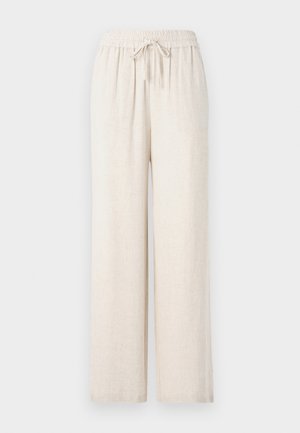 Svetlo bež široke hlače iz mehke, teksturirane tkanine. Imajo elastičen pas z vrvico za prilagajanje.