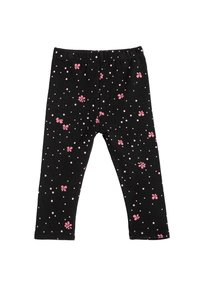 Leggings negros con una cintura elástica, que presentan un patrón de flores rosas y puntos blancos por toda la prenda. Tela suave y diseño ajustado.