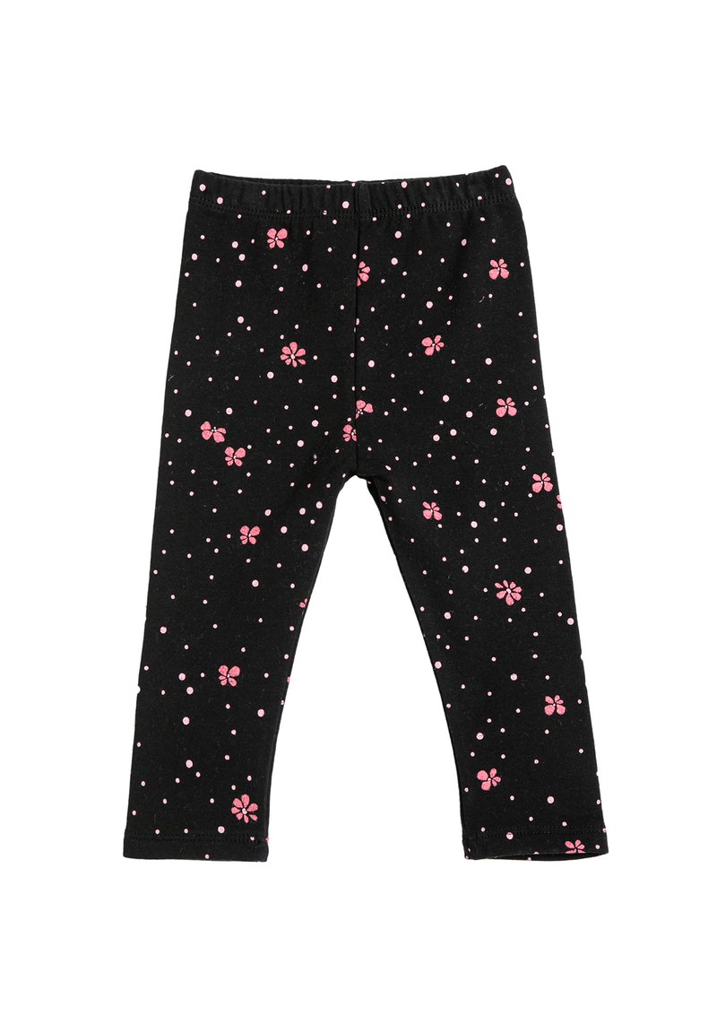 Leggings negros con una cintura elástica, que presentan un patrón de flores rosas y puntos blancos por toda la prenda. Tela suave y diseño ajustado.