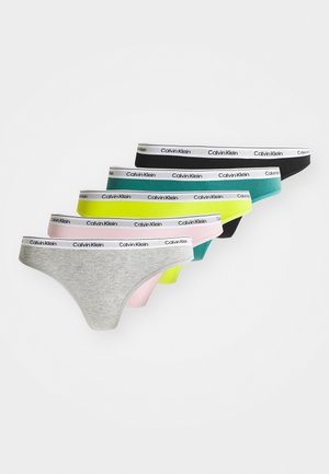 Calvin Klein briefs in five colors: gray, pink, black, teal, and neon yellow. Each features a logoed elastic waistband and a classic cut design.