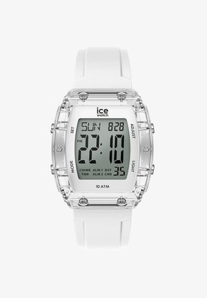 Digitale Uhr mit einem klaren Kunststoffgehäuse, einem weißen Silikonarmband und einem grauen LCD-Display, das Uhrzeit und Datum anzeigt. Wasserdicht bis zu 10 ATM.