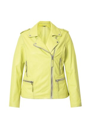 Veste de biker en cuir vert lime avec fermeture éclair sur le devant, poches latérales et col à boutons-pression. Texture lisse avec un design ajusté et quincaillerie argentée.