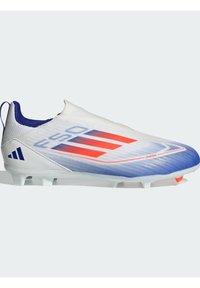 White soccer cleat with blue and orange accents, a smooth synthetic upper, sock-like fit, and multiple molded studs on the sole.