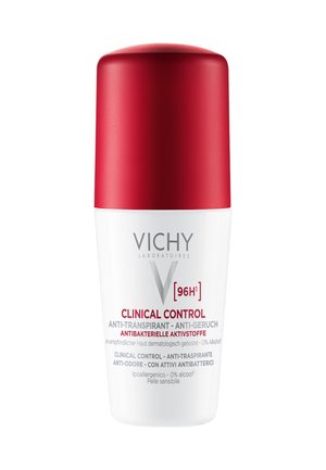 Vichy Clinical Control Roll-On-Deodorant mit rotem Verschluss, gekennzeichnet als 96H Antitranspirant, antibakteriell, hypoallergen und alkoholfrei für empfindliche Haut.