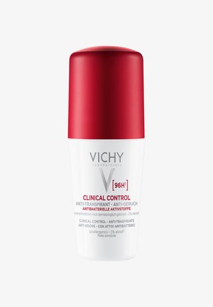 Vichy Clinical Control roll-on deodorant with red cap, labeled 96H anti-transpirant, antibacterial, hypoallergenic, and alcohol-free for sensitive skin.