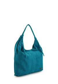 Teal suède handtas met een zachte textuur, een slouchy ontwerp en knoophandvatten. Heeft een gladde oppervlakte en subtiele stiksels.