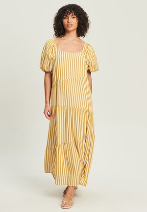 Yellow and white striped maxi dress with a square neckline, puff sleeves, and tiered design. Lightweight fabric with a flowing silhouette.
