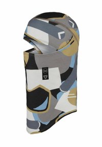 Bunt gefärbte Balaclava mit einem geometrischen Muster in Grau, Schwarz, Blau und Beige. Hergestellt aus einem elastischen Stoff mit einer glatten Textur.