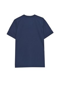 Navy modré bavlněné tričko s krátkým rukávem, kulatým výstřihem a hladkým zadním dílem. Měkká textura se standardním střihem a bez viditelných vzorů.