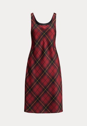 Red plaid dress with a sleeveless design, featuring black accents around the neckline. The pattern includes yellow and black lines.