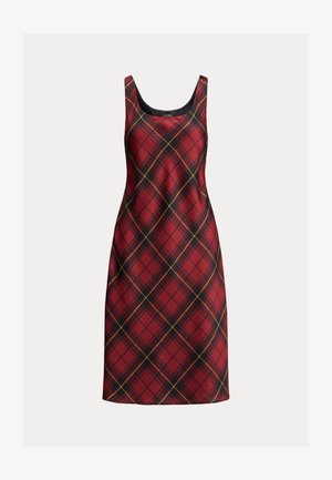 Vestido de cuadros rojos con un diseño sin mangas, que presenta acentos negros alrededor del escote. El patrón incluye líneas amarillas y negras.