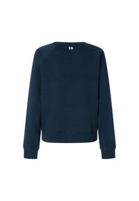 Felpa blu navy con scollatura rotonda, maniche lunghe e polsini a coste. Presenta un piccolo logo stampato sulla parte superiore della schiena. Realizzata in tessuto morbido.