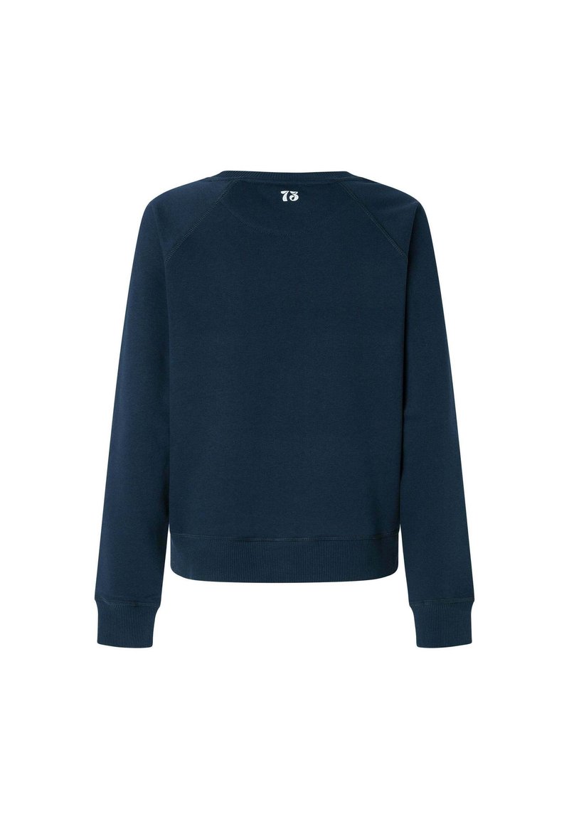 Sweat-shirt bleu marine avec un col rond, des manches longues et des poignets côtelés. Présente un petit logo imprimé dans le haut du dos. Fabriqué en tissu doux.