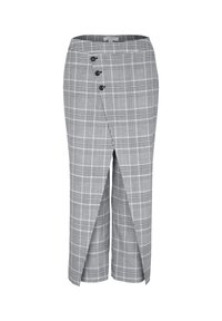 Grijze geruite broek met een rechte pijpdesign, uitgerust met een knoopsluiting aan de voorkant en een split aan de onderkant. Gemaakt van een gestructureerde stof.