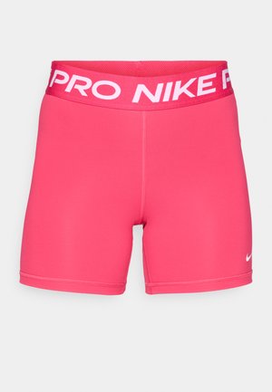 Shorts Nike Pro rosas con una cinturilla ancha que presenta el logotipo blanco "NIKE PRO". Fabricados con un material elástico y de textura suave.