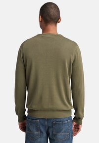 Uomo che indossa un maglione a maniche lunghe verde oliva e jeans blu, rivolto di spalle su uno sfondo bianco semplice.