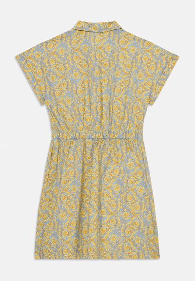 Floral dress in light blue with a yellow rose pattern. Features a collared neckline, short sleeves, and gathered waist for shape.