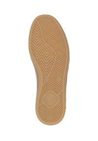 Soletta di scarpa in gomma di colore beige, con un motivo a zigzag. Logo centrato in forma esagonale. Texture liscia con un profilo piatto.