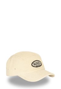 Cappello in corduroy color beige chiaro con visiera curva. Presenta un logo con patch nero con la scritta "Von Dutch California" sul davanti.
