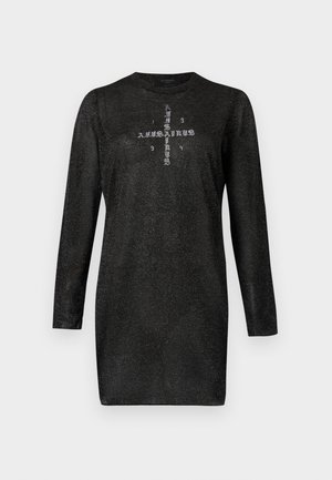 Rochie neagră cu mâneci lungi cu sclipici, decolteu rotund și design imprimat cu cruce, cu inscripțiile „AllSaints” și „1994” pe piept.