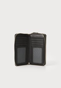 Black leather wallet with gold zipper, featuring multiple card slots, two transparent ID windows, and a smooth texture.