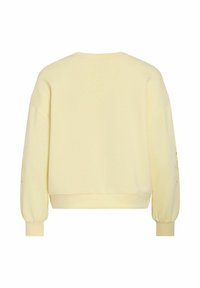 Sweat-shirt jaune pâle à manches longues vu de dos, avec des poignets et un ourlet côtelés, et un col rond.