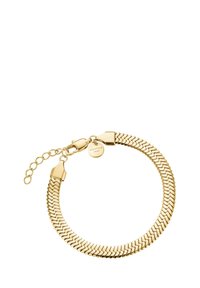 Gouden metalen kettingarmband met een flexibele heupbeenontwerp, voorzien van een karabijnsluiting en een verstelbare ketting voor maat aanpassing.