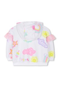 Witte hoodie met kleurrijke prints van sterren, zon, wolken en regenbogen. Heeft pastelroze rimpels op de mouwen en een trekkoordkap.