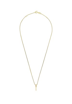 Thin gold chain necklace with a small vertical gold bar pendant hanging at the center on a white background.