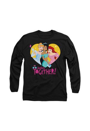 Black long-sleeve shirt with three Disney princesses inside a heart and the phrase "better TOGETHER!" in pink letters below them.