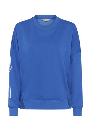 Svetlomodrá mikina s okrúhlym výstrihom, dlhými rukávmi, rebrovanými manžetami a lemom, so sčasti viditeľným bielym nápisom na ľavom rukáve.