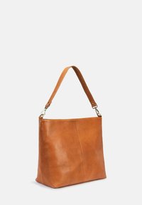 Tan leather shoulder bag with a flat, rectangular shape, a single strap, and subtle stitching detail on the front. Metal hardware accents.
