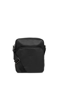 Borsa a tracolla in pelle sintetica nera con forma rettangolare, tracolla regolabile, scomparti con cerniera e logo del marchio impresso sul davanti.