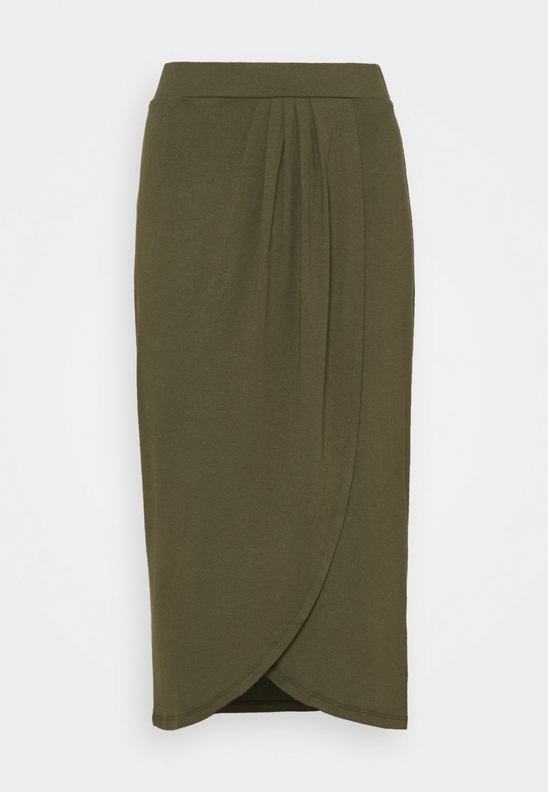 Jupe olive verte de longueur genou en tissu doux, avec un design drapé à l'avant et une taille ajustée. Texture lisse, sans motifs visibles.