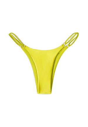 Bright yellow bikini bottom with thin straps, smooth texture, and a minimal design. Features a low rise and moderate rear coverage.